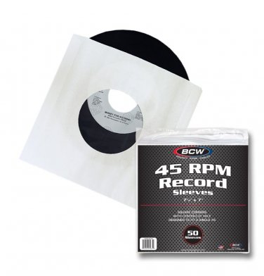 50 Pack BCW Paper Record Sleeves 45 RPM - SQ Corners - With Hole (1-PRS45-SC-WH)