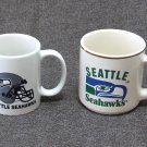 TWO Vintage Seattle Seahawks Coffee Mugs 1980s Gold Rim 2002 Silver Helmet MINT