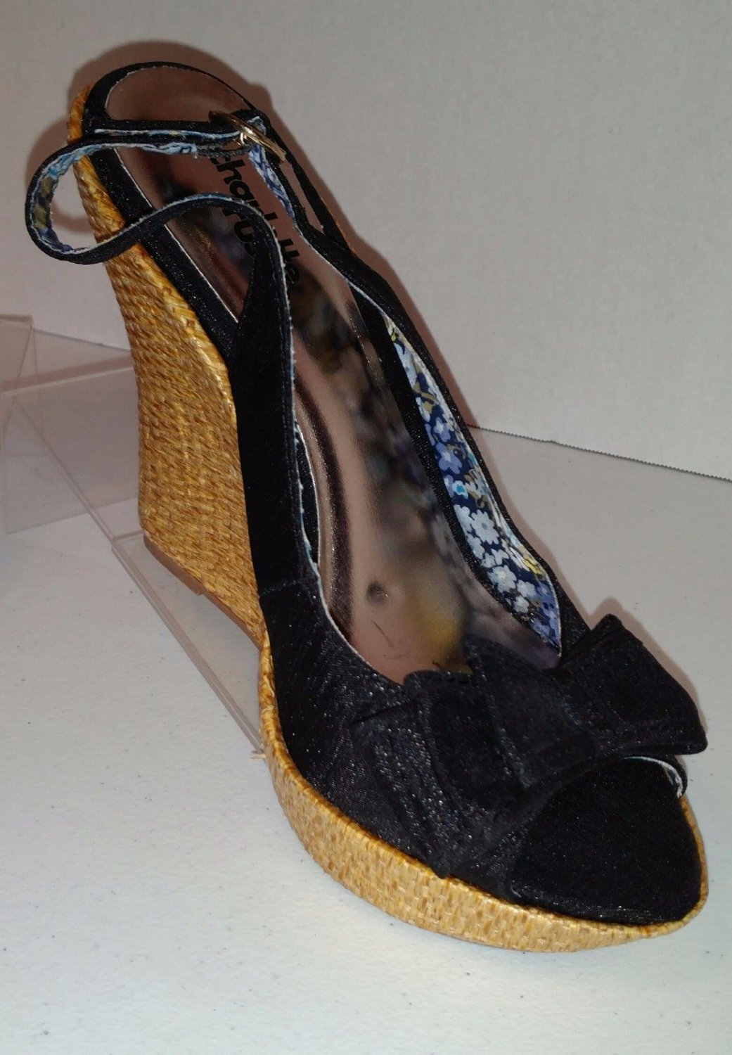 Charlotte Russe Ladies Black Fabric With Bows Woven Wedge Heel Shoes Size 7