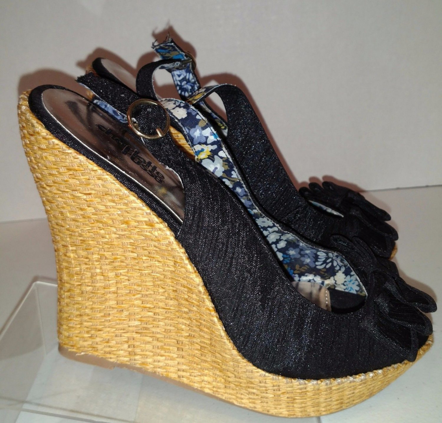 Charlotte Russe Ladies Black Fabric With Bows Woven Wedge Heel Shoes Size 7