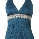 Sexy Gorgeous Teal Satin Crinkle Lace Halter Top - Large