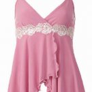 Sexy Pink Floral Lace Trim Babydoll Cami Top - Large