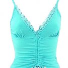 Sexy Aqua Blue Lace Sequins Beads Ruched Camisole Top - Large
