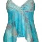 Blue Floral Watercolor Mesh & Lace Babydoll Top - Medium