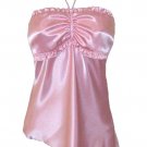 Sweet Pink Ruffle Satin Bandeau Halter Top - Small