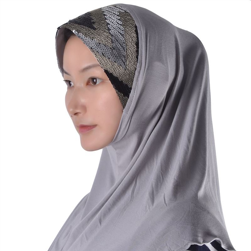 Hawei Home Arabic Muslim Keffiyeh Scarf Wrap V Shape Paillette Ornament Turban Light Gray Light Gray