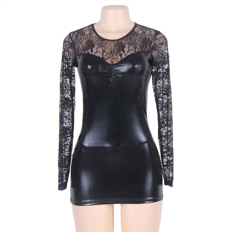 Women Sexy Lingerie Lace Leather Sleepwear Lace Chemises Outfit Plus Size R7393 Black 2xl