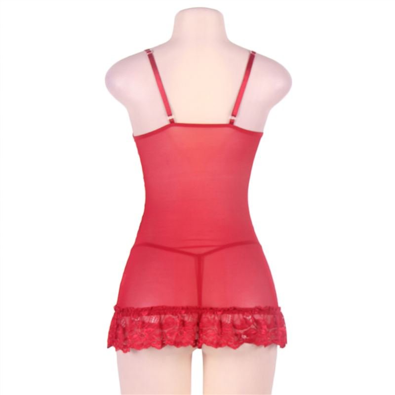 Women Sexy Lingerie See Through Sleepwear Lace Chemises Outfit Plus Size R70218 Rose Red 7xl