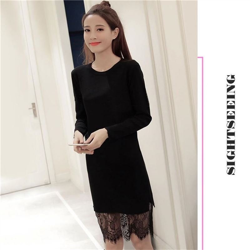 Slim O Neck Long Sleeve Lace Stitching Bodycon Bandage Hip Dress A-Line Dress