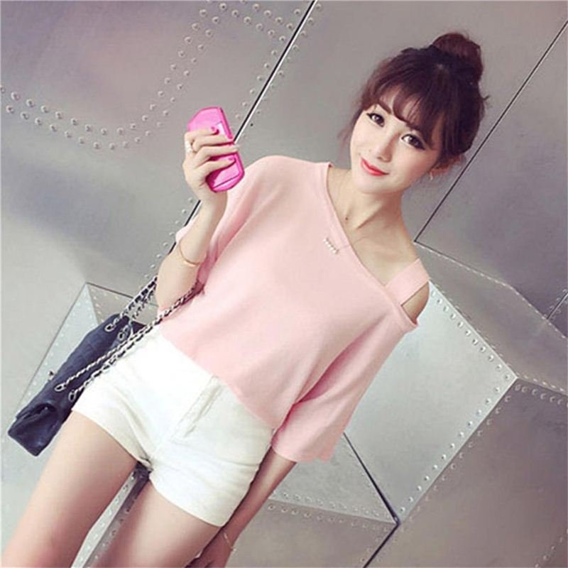 Women Short Sleeved T Shirts Loose Sexy Strapless Solid Color Shirts
