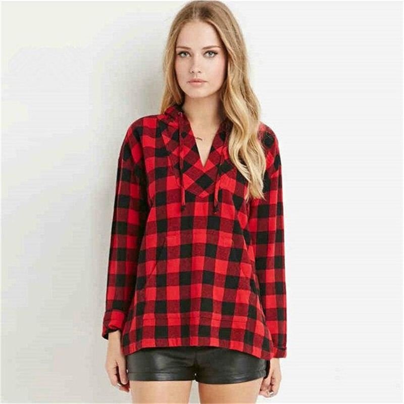 Product Name: Women Color Blocking Stitching Shirt Long-sleeved Hooded V-neck Plaid Shirt Red 2XL