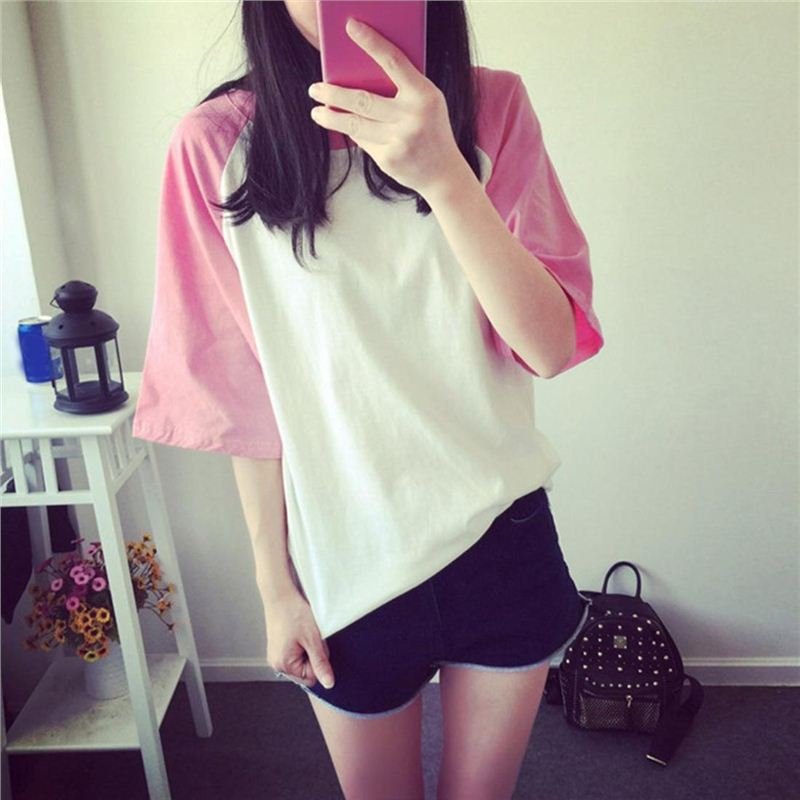 Loose T-Shirts Women' Casual Tops Short Sleeve Round Collar Fine Patchwork