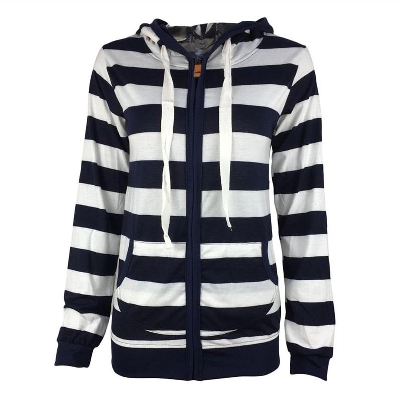 Stylish Striped Women Hoodie Long Sleeve Hooded Lady Jacket Zipper Overcoat