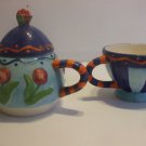 Shabby Chic 16 Oz Teapot And 12 Oz Cup Blue And Orange Ceramic Handmade