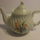 White Porcelain Teapot  With Salmon Colored Flowers Holds 4 Cups Liquid