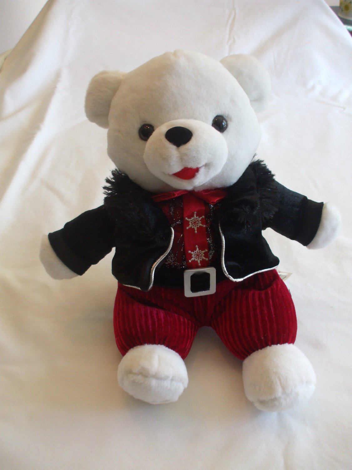 9 Inches Snowflake White Teddy Bear Black Coat, Red Shirt Red Pants 2013