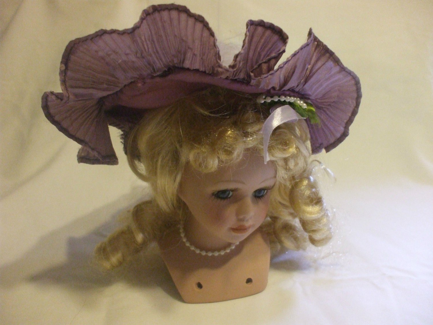 Porcelain Doll Head With Purple Hat & Blond Hair For Crafters And Collectors