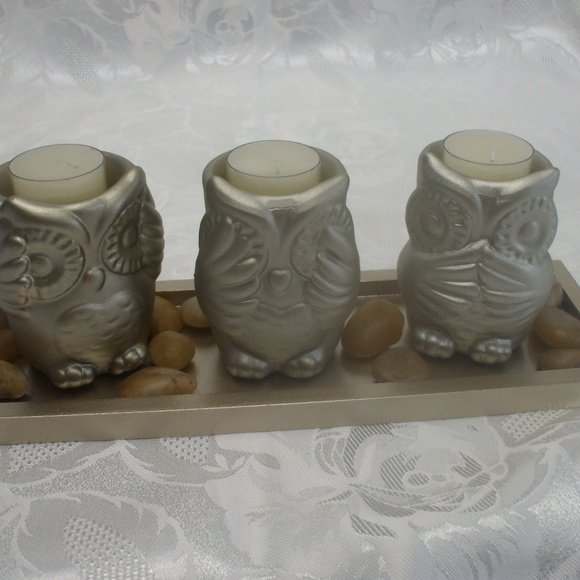 3 Ceramic Owl Tea Light Candle Holders