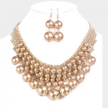 Layered Rhinestone Multi Sized Pearl Statement Necklace
