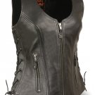 Ladies Zipper Front Black Side Lace Leather Vest w/ Zippered Pockets Gun Pockets