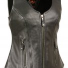 Ladies Zipper Front Leather Vest w/ Open Neck, Zipper Pockets Open Panel Back