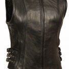 Ladies Long Length Leather Zipper Front Motorcycle Vest Triple Side Buckles