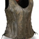 Ladies Zipper Front Distressed Brown Side Lace Leather Vest w/ Zippered Pockets