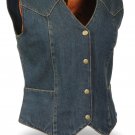 Ladies Standard Snap Front BLUE Denim Vest 100% Cotton 14oz Denim V Neck Collar