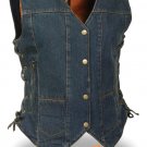 Ladies Side Lace Snap Front Blue Denim Vest w/ Gun Pockets - 100% Cotton 14oz