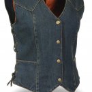 Ladies Side Lace Snap Front Blue Denim Vest - 100% Cotton 14oz w/ V Neck Collar