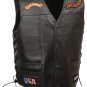 Mens Solid Leather "Live to Ride" Eagle Vest w 9 Patches, Side Lace, Gun Pockets