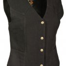 Ladies Standard Snap Front Black Denim Vest 100% Cotton 14oz Denim V Neck Collar