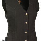 Ladies Side Lace Snap Front Black Denim Vest - 100% Cotton 14oz w/ V Neck Collar