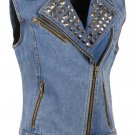 Ladies Super Sexy Zipper Front Blue Denim Vest w/ Studded Spikes MDL4030