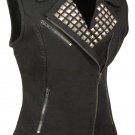 Ladies Super Sexy Zipper Front Denim Vest w/ Studded Spikes Hottest Fashion
