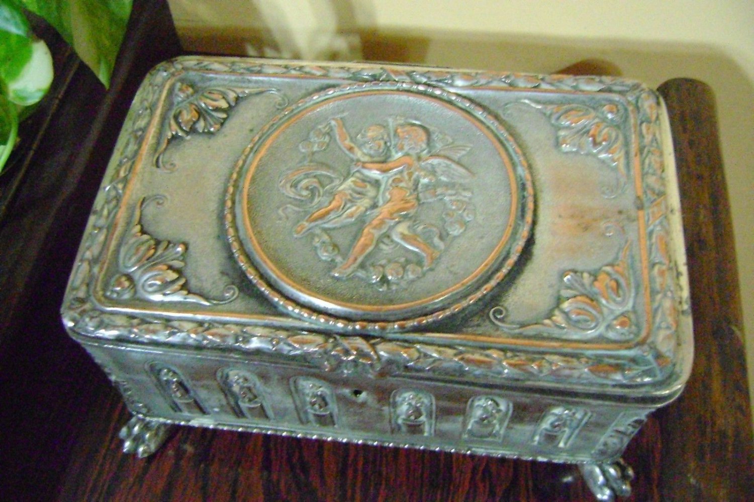 antique important copper- silver plated jewelry box with four