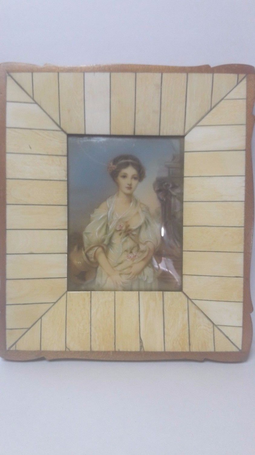 Antique old  Hand painted  portrait on celluloid with ivory  frame signed
