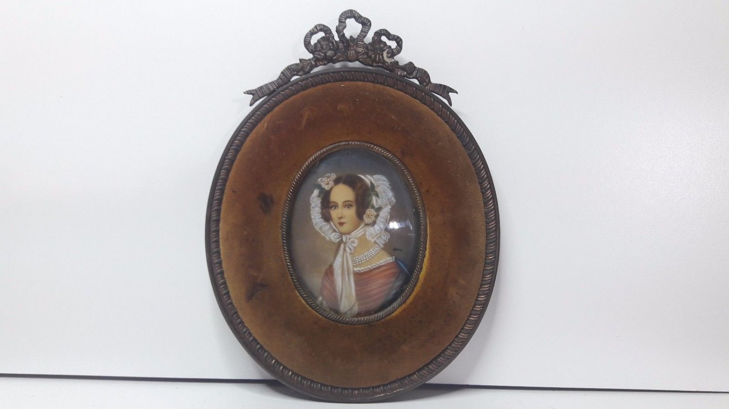 Antique old  Hand painted  portrait on celluloid   frame signed