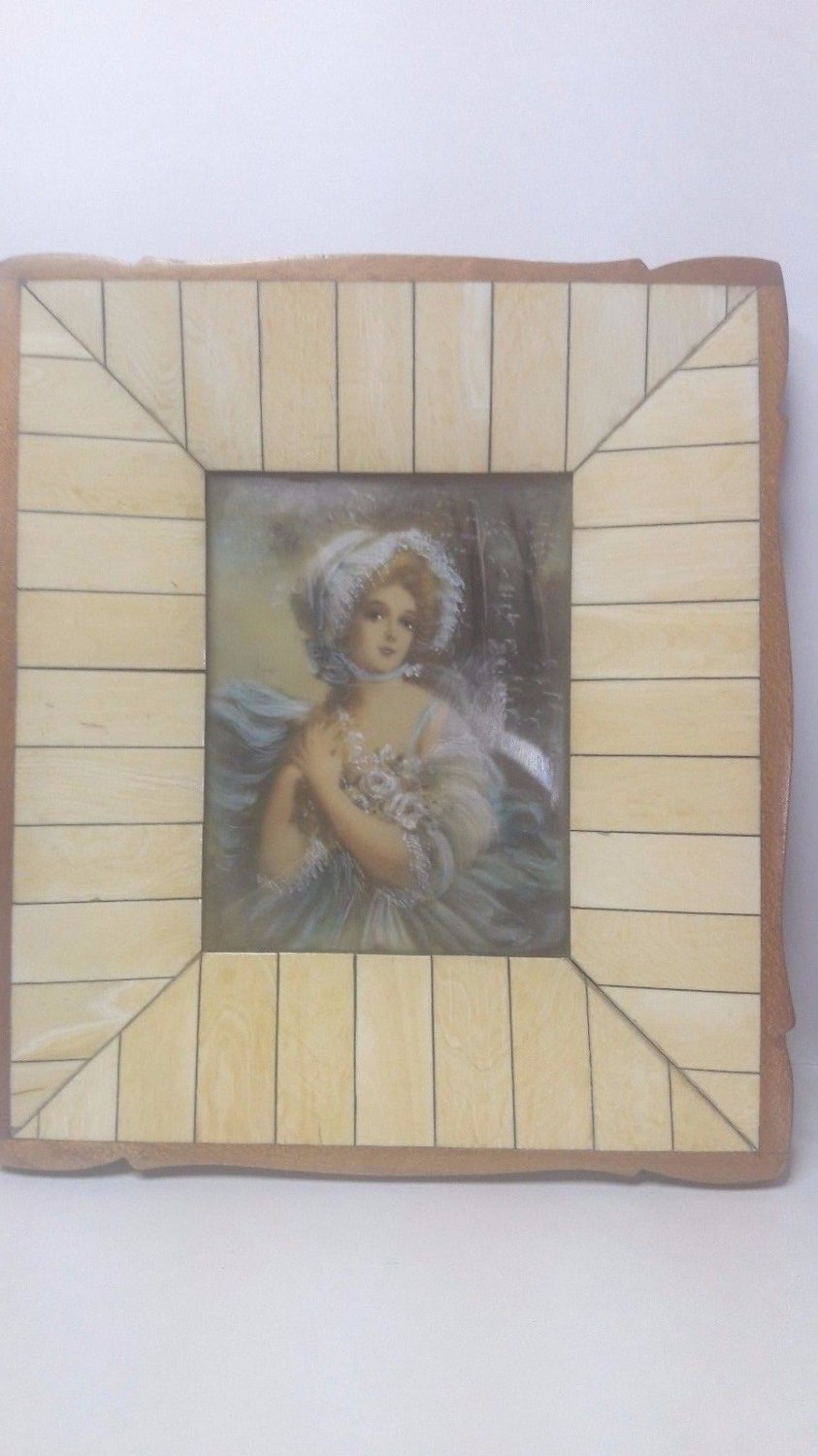 Antique old  Hand painted  portrait on celluloid with ivory  frame