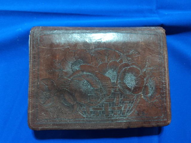 vintage leather wallet, flowers, signed Reitter