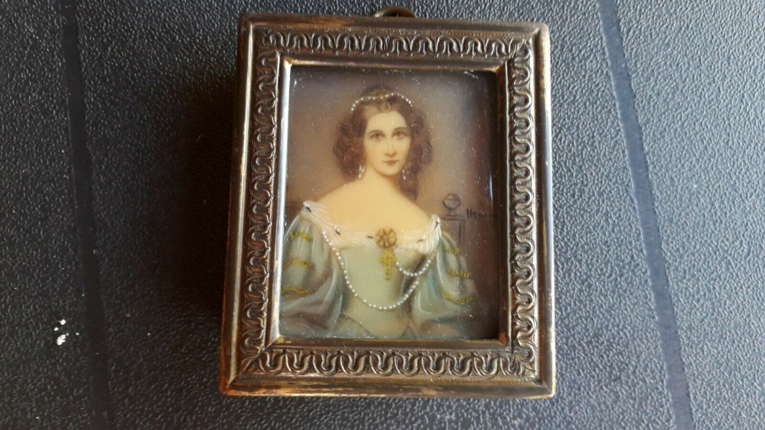 Antique Hand painted miniature on celluloid with frame signed lady JANE DIGBY?