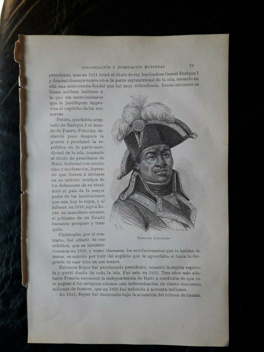 old engraving print Toussaint Louverture HR  Haiti  , extracted book of 1895