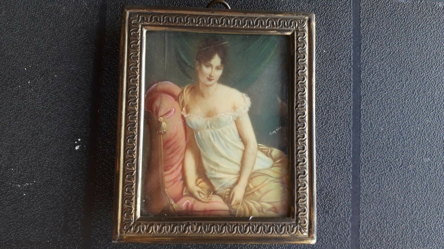 Antique Hand painted  miniature  on celluloid with frame  signed