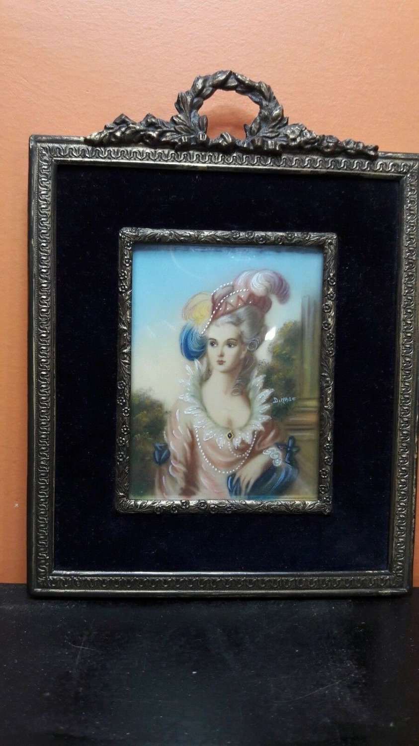 old  Hand painted  portrait on celluloid  signed dimarch