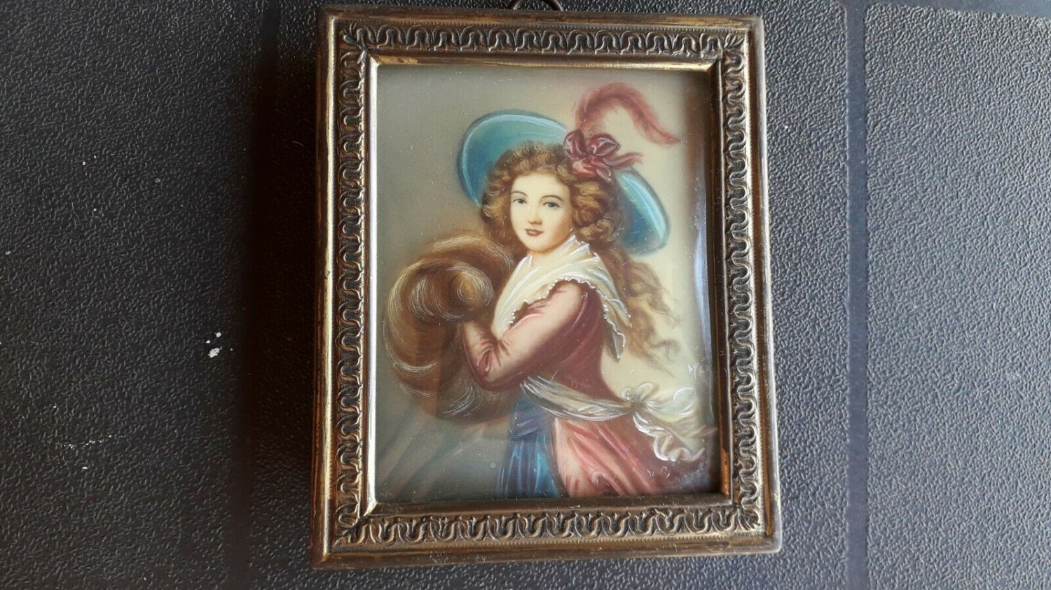 Antique Hand painted   on celluloid with frame  signed