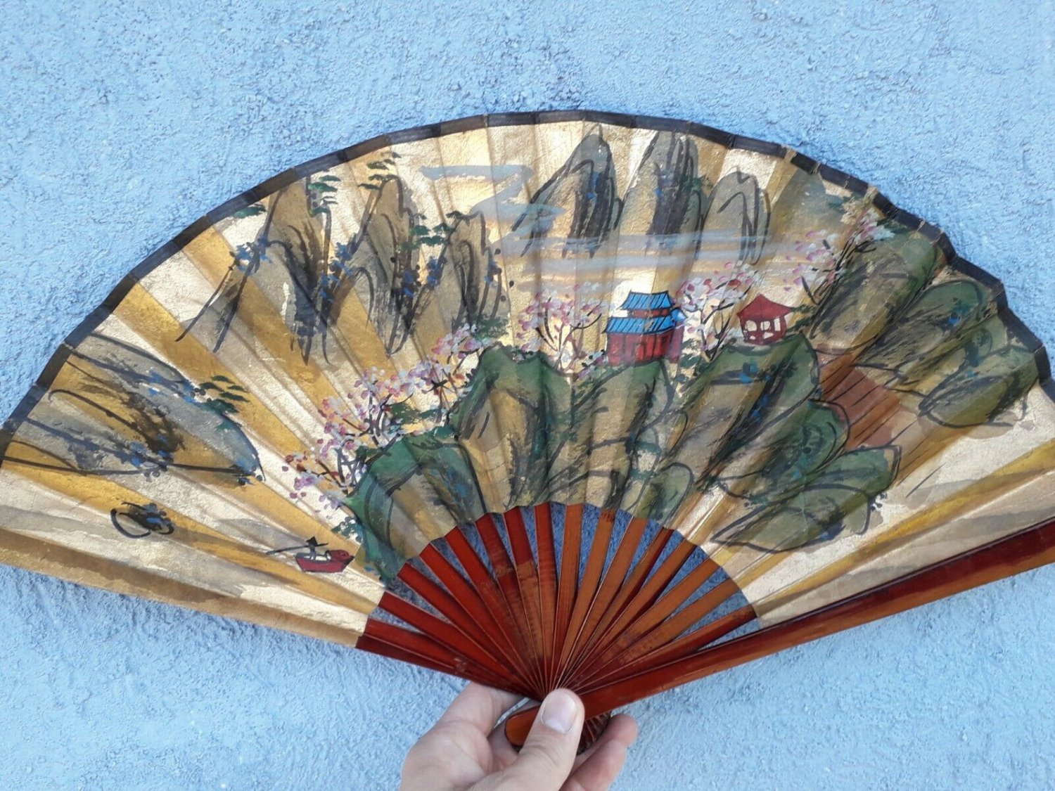 old chinese hand painted fan, wooden rods