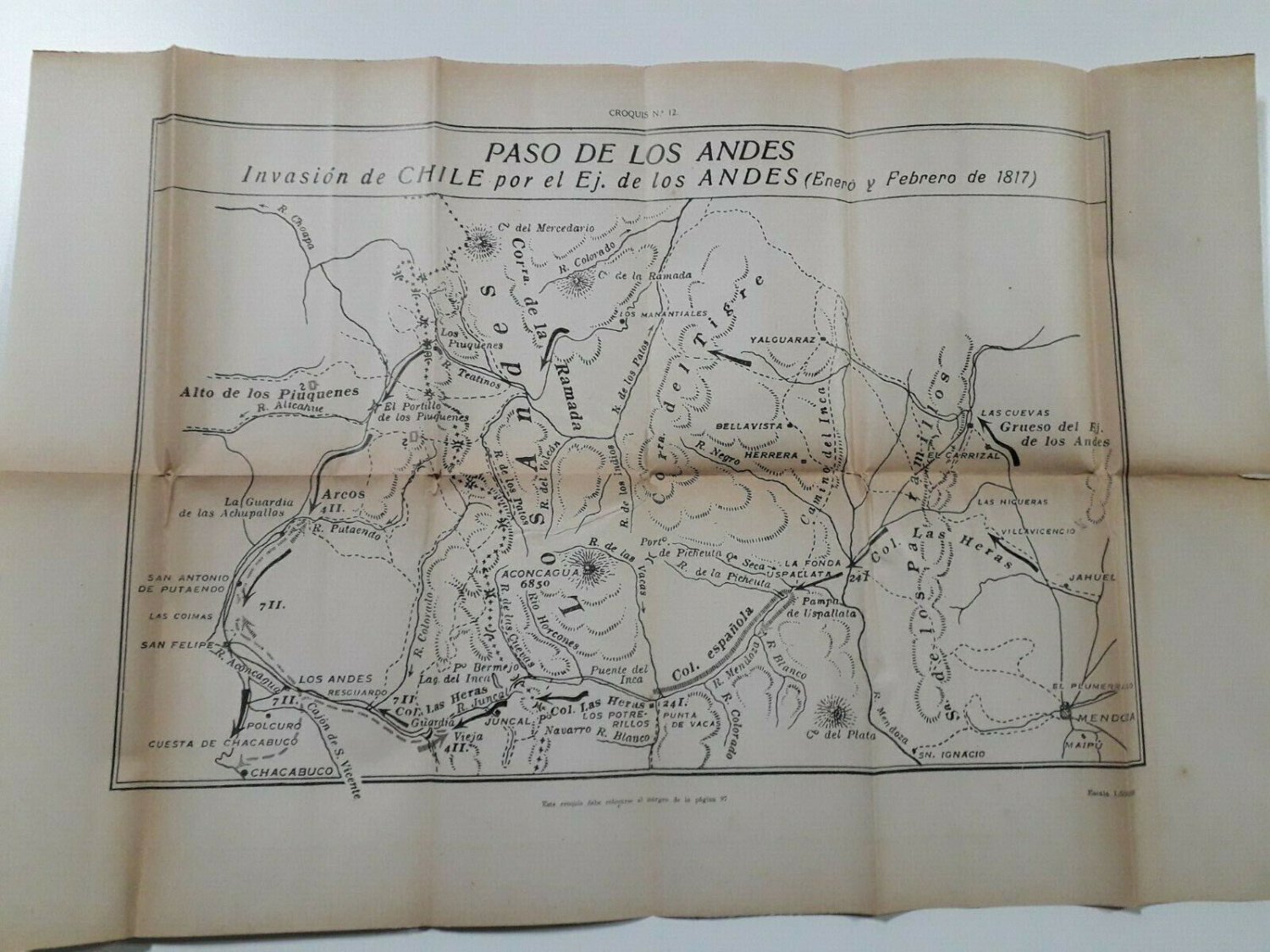Old print  Military sketch Invasion Chile by the Army of the Andes 1817 Arg