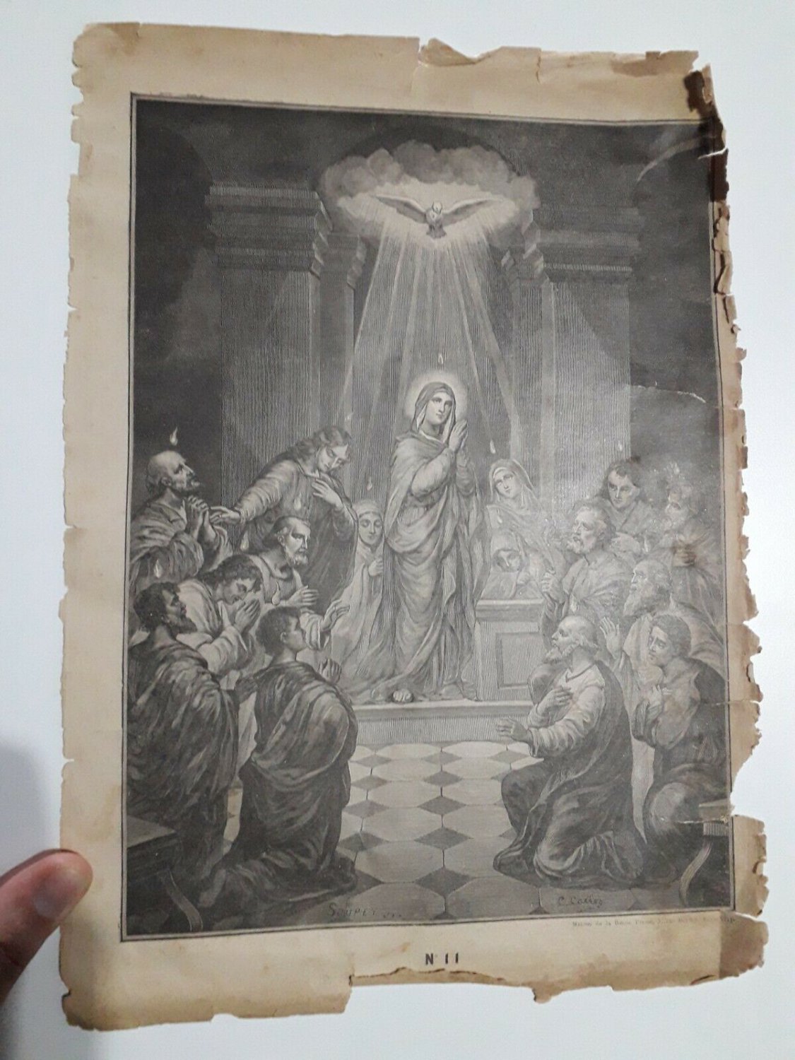 Old religious engraving early 1900 Virgin with the apost  maison de la bonne N11