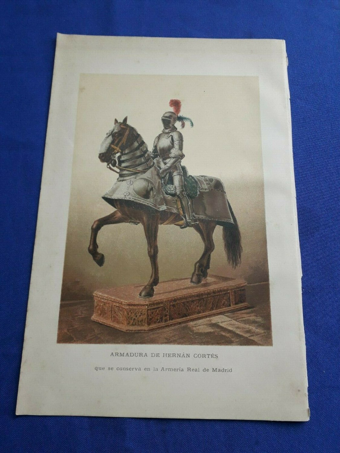 old colors engraving print Hernan Cortes armor  extracted book of 1894