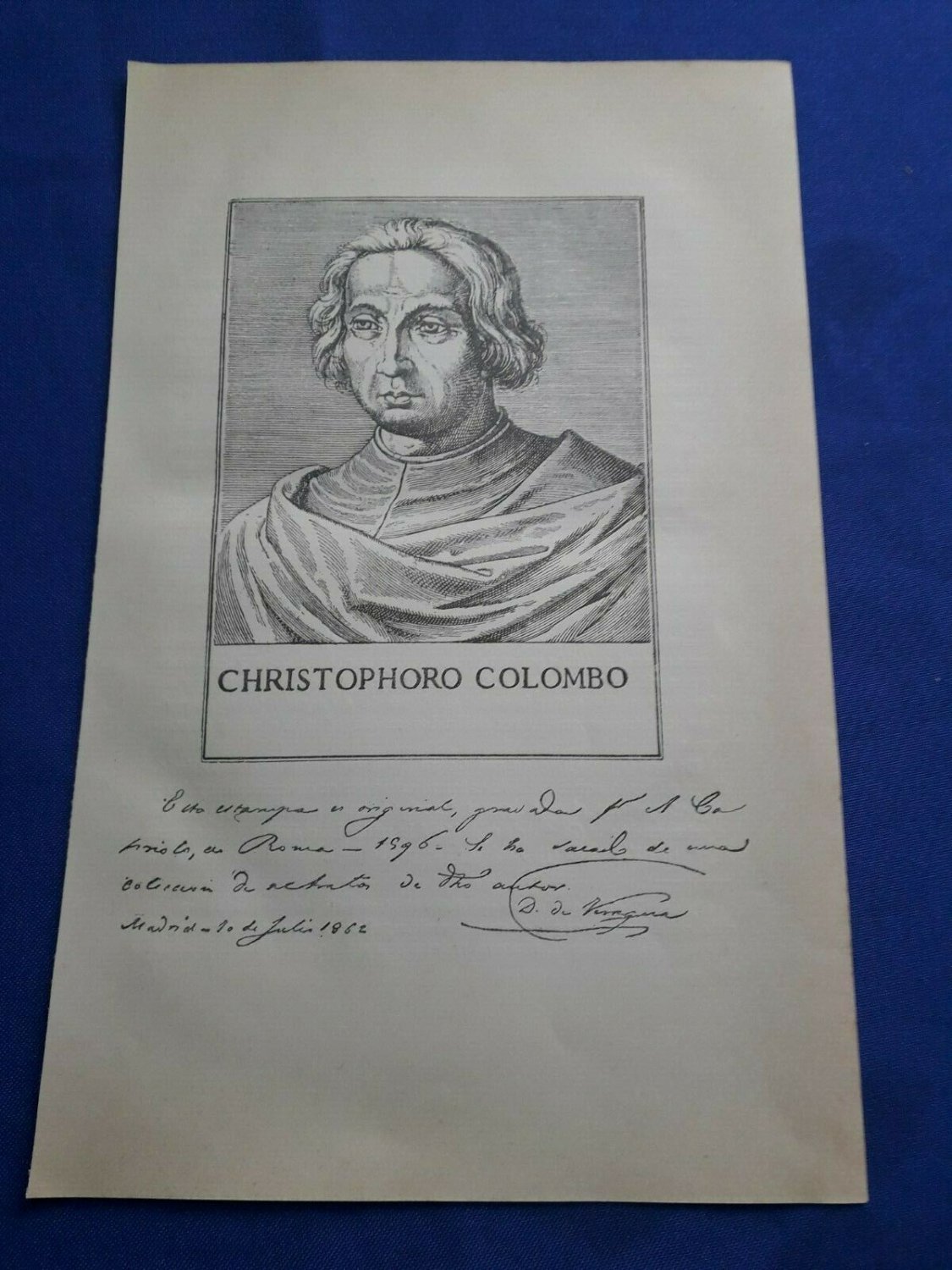 old engraving print , Christophoro Colombo  Colon , extracted book of 1894